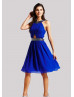 Royal Blue Chiffon Beads Halter Neckline Short Prom Dress 